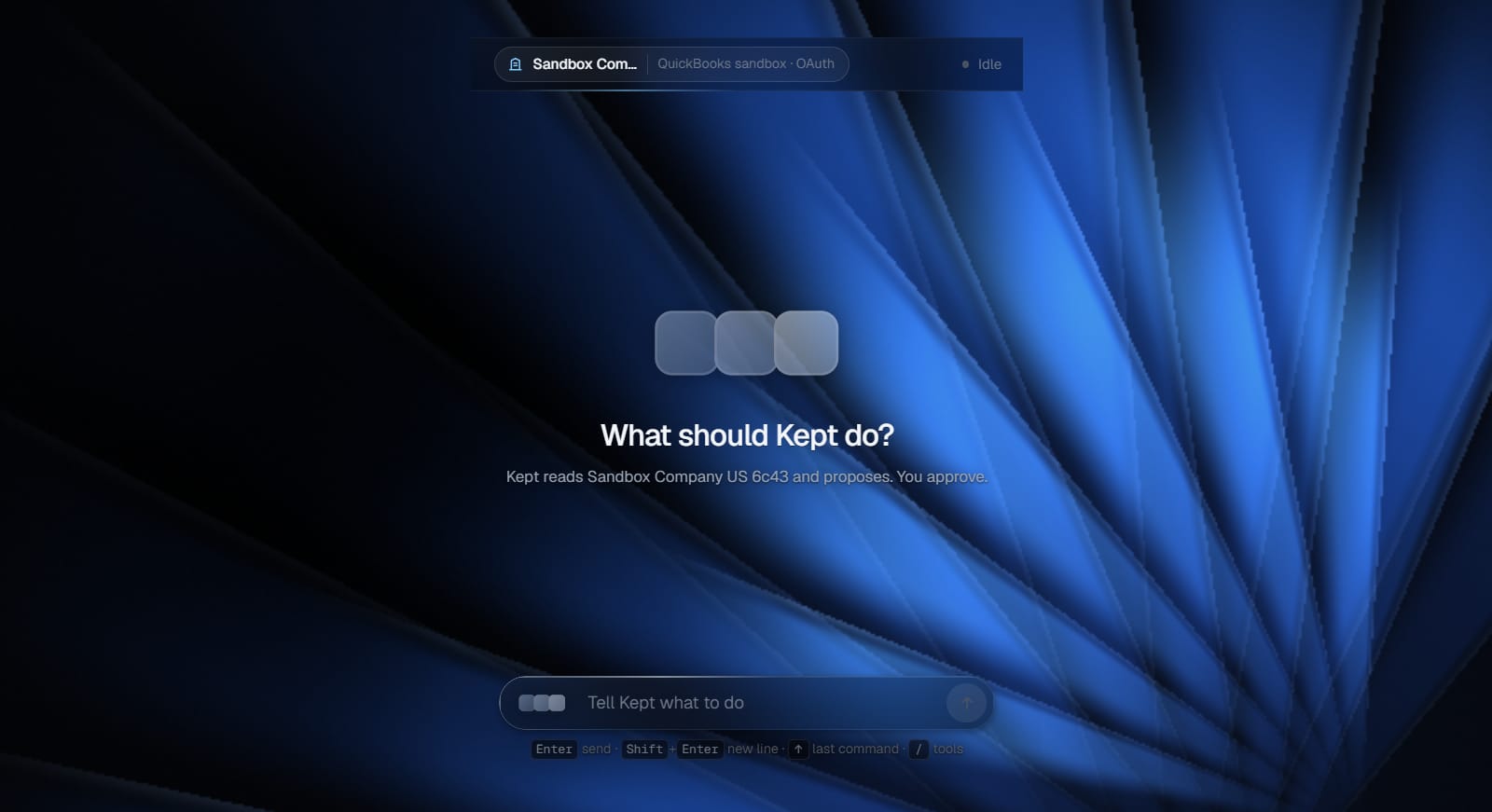Kept Runner's main view: the three-square mark over “What should Kept do? Kept reads Sandbox Company US 6c43 and proposes. You approve.”, and in the command bar, typed and not yet sent: “Find last month's uncategorized expenses and propose the right accounts. Flag anything that looks wrong.”