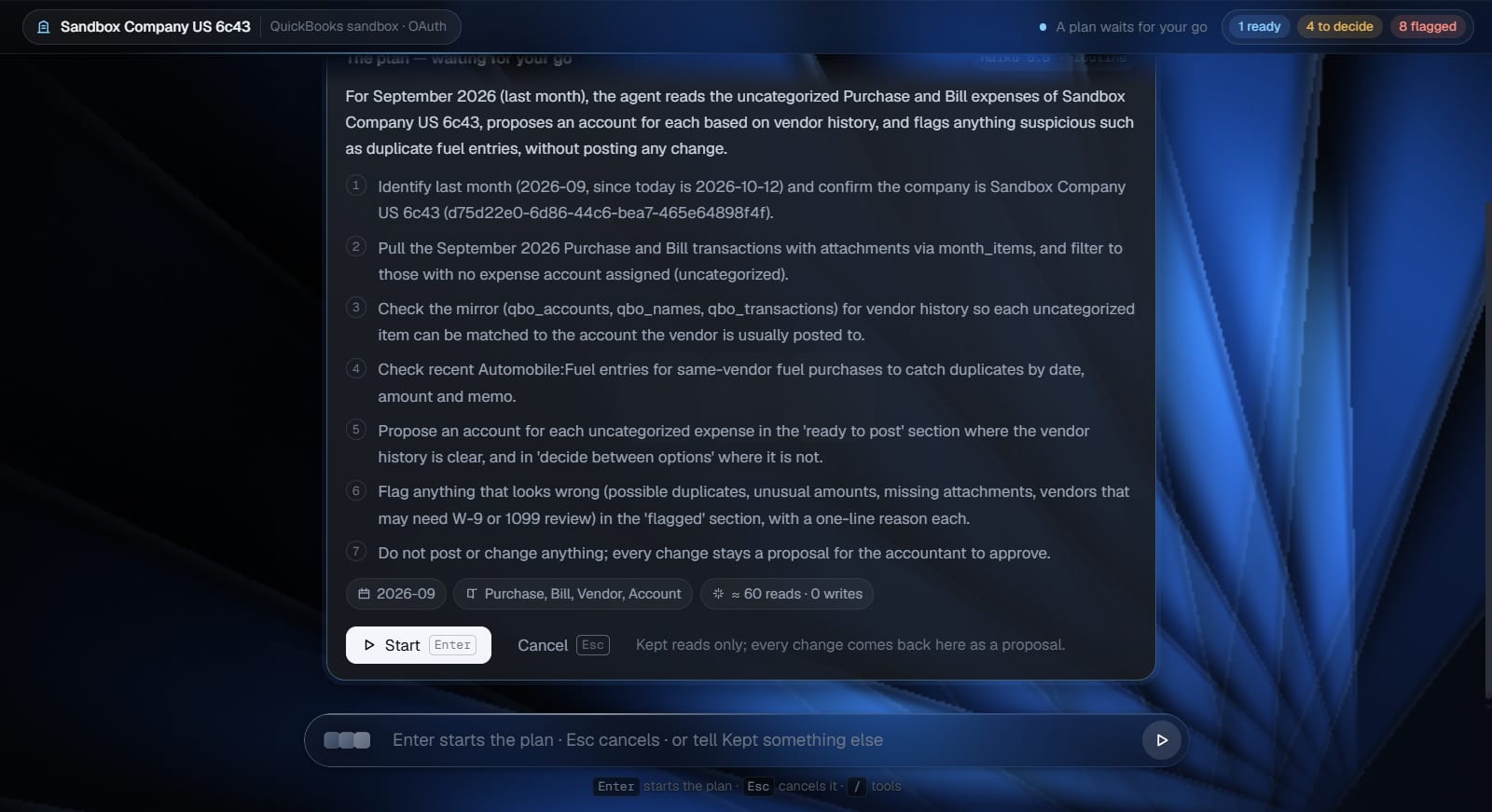Under the command, a plan card titled “The plan — waiting for your go”, marked “Fast model · routine”: a one-paragraph summary, five numbered steps, and chips for 2026-09, Purchase and Bill, and “≈ 30 reads · 0 writes”. The top bar reads “A plan waits for your go”.